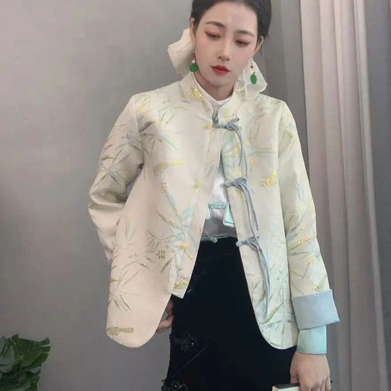 Floral Embroidery Brocade Women's Chinese Style Wadded Coat Longline Wool Coat