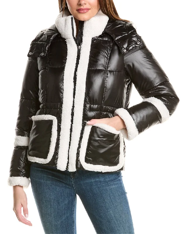 French Connection Sherpa Trim Puffer Coat Adjustable Waist Parka