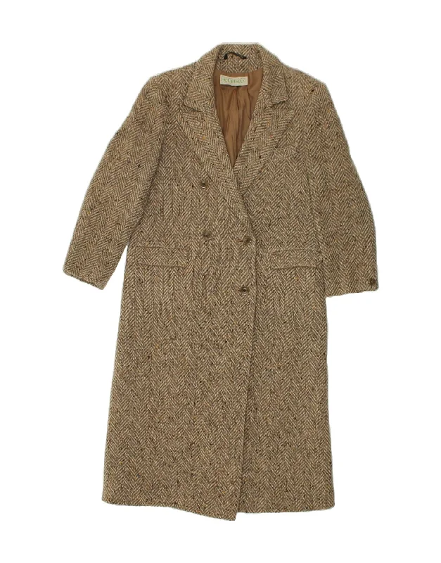 JIMMY HOURIHAN Womens Double Breasted Coat UK 14 Medium Brown Chevron Puff Sleeve Overcoat