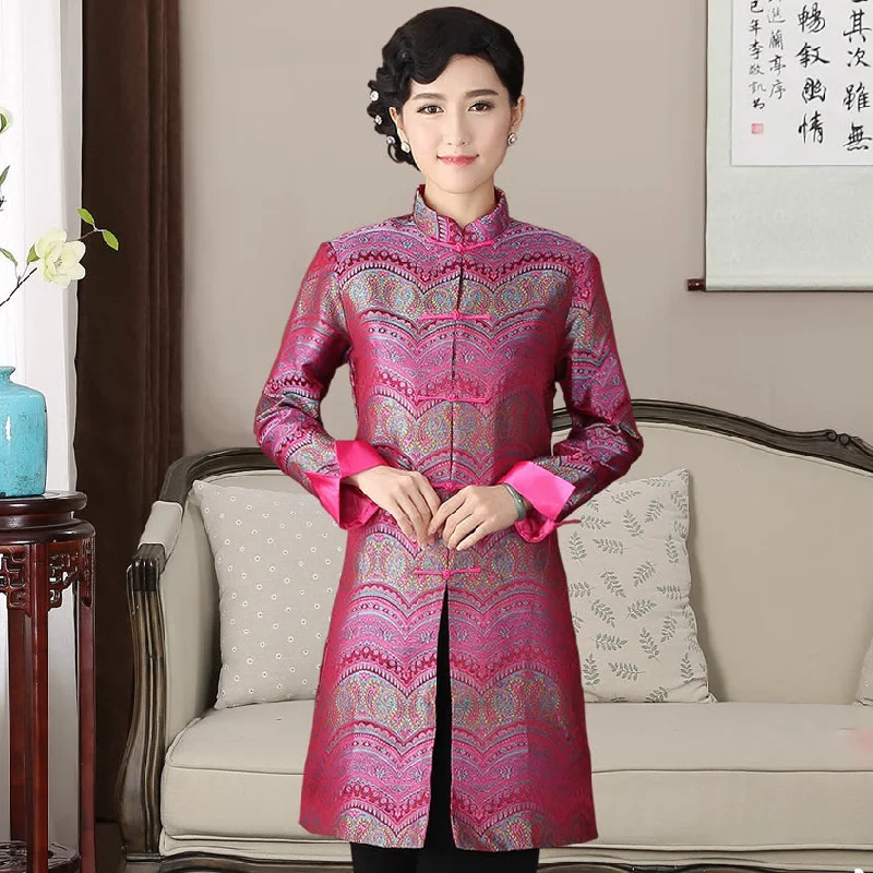 Mandarin Collar Brocade Silk Chinese Style Wind Coat Pastel Wool Peacoat
