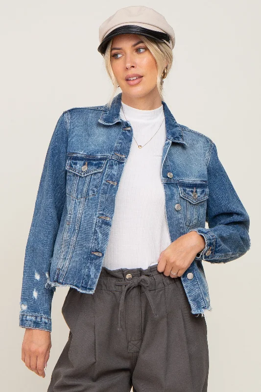 Navy Blue Distressed Cropped Denim Jacket