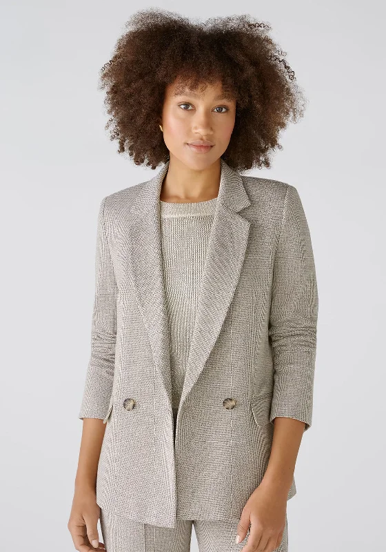 Oui Jersey Houndstooth Double Breasted Blazer, Beige Silk Women's Blazer