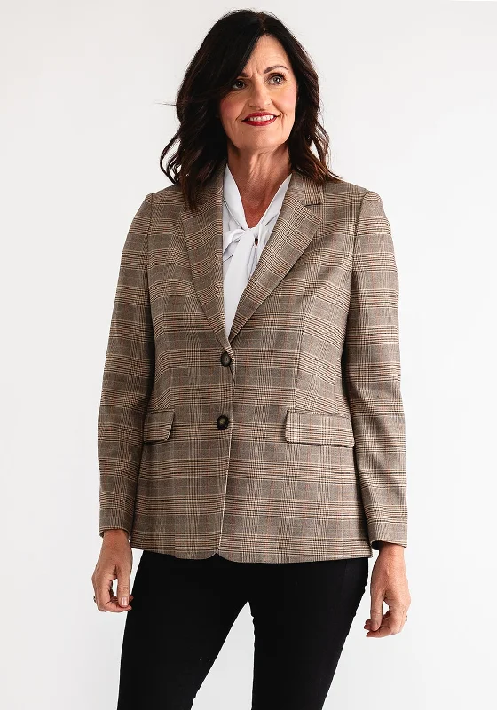 Oui Check Print Single Breasted Blazer, Brown Women's Handmade Blazer