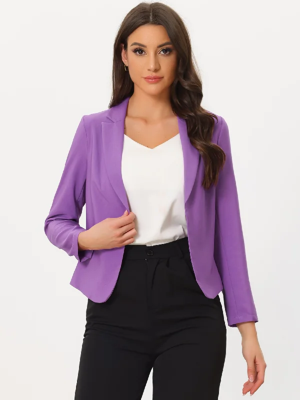 Notched Lapel Long Sleeves Solid Color Open Front Cropped Blazer Women's High-End Blazer