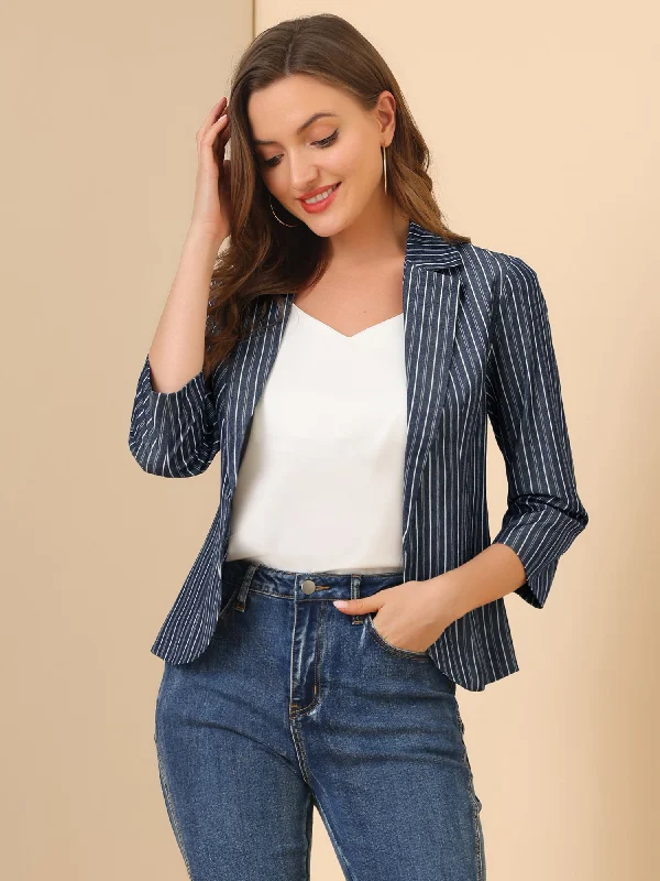 Striped 3/4 Sleeve Open Front Notched Lapel Blazer Women's Elegant Jacket