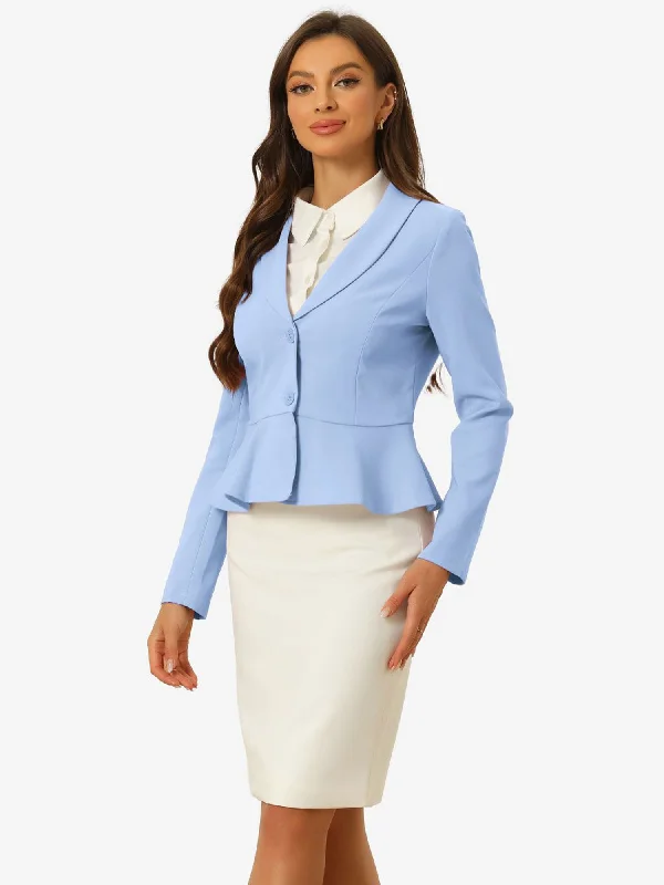 Vintage Lapel Long Sleeve Ruffle Hem Office Cropped Blazer Women's Navy Jacket