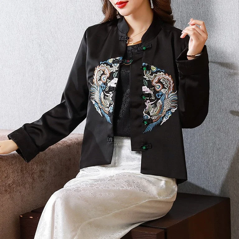 Phoenix Embroidery Brocade Women's Chinese Style Wadded Coat Double-Breasted Trench