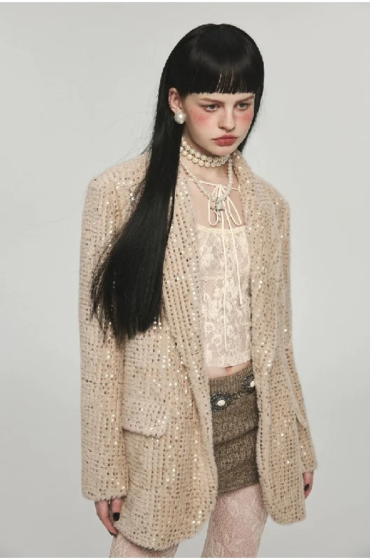 Pink Bead Sequin Blazer Women's Long Blazer