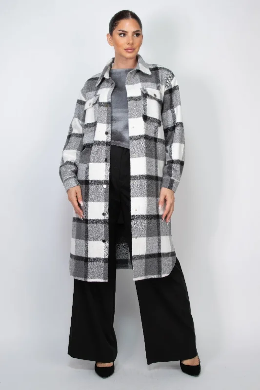 Plaid Buttoned Shacket Coat Collared Pea Coat