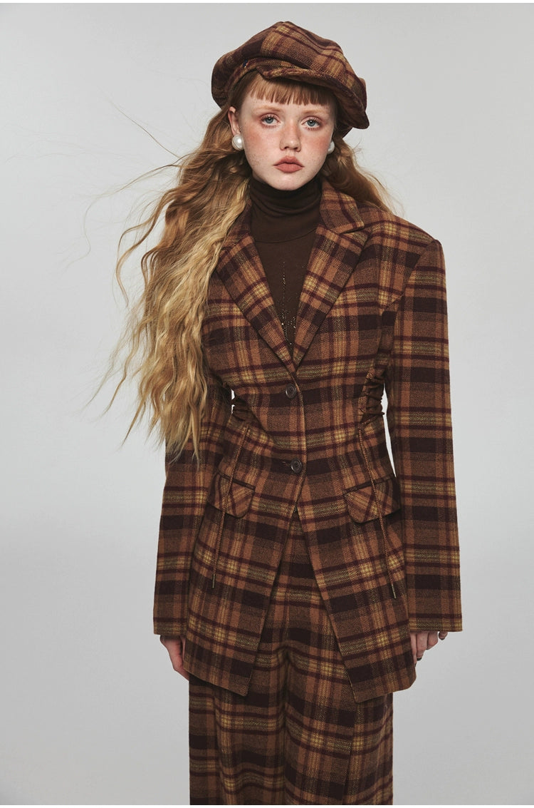 Plaid Slim-fit Waist-tie Blazer Women's Party Jacket