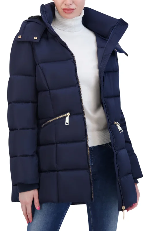 Rebecca Minkkoff Women's Vegan Down Puffer Coat With Fur Puff Sleeve Overcoat