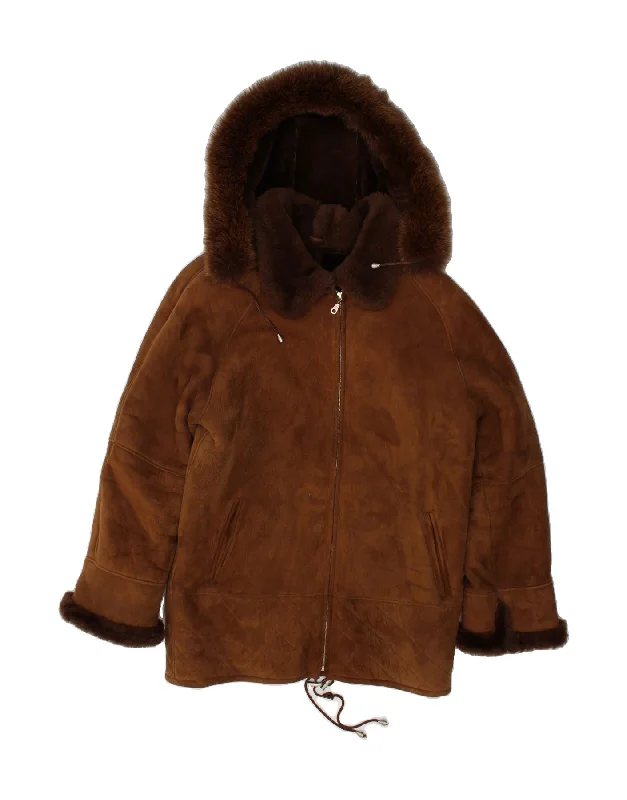 REISLER Womens Hooded Shearling Coat UK 16 Large Brown Leather Knit Longline Duster