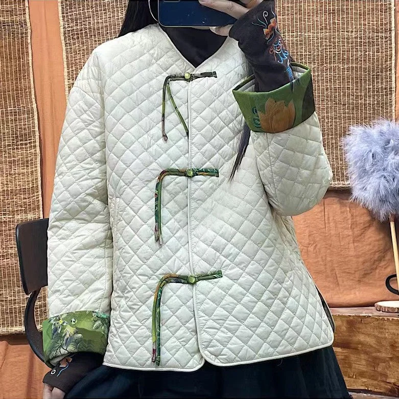 Round Neck Diamond Check Pattern Chinese Style Women's Casual Wadded Coat Lightweight Utility Jacket