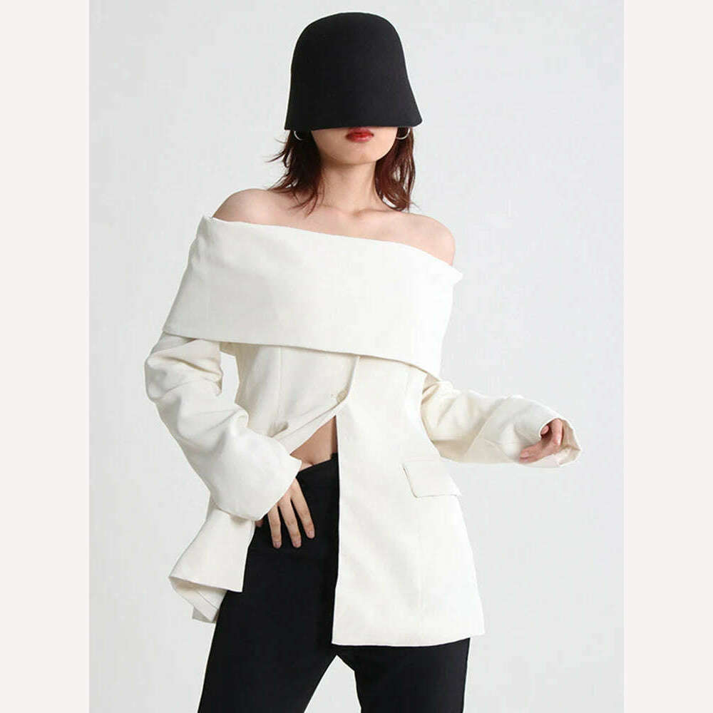 SHENGPALAE Slash Neck Blazer Coat Women Off Shoulder Long Sleeve Minimalist Blazers Female 2023 Spring Summer New Clothes 5R934 Women's Elegant Suit