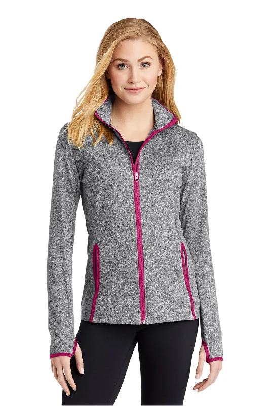 Sport-Tek Womens Sport-Wick Moisture Wicking Full Zip Jacket - Heather Charcoal Grey/Pink Rush