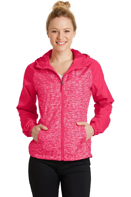 Sport-Tek Womens Wind & Water Resistant Full Zip Hooded Jacket - Heather Raspberry Pink/Raspberry Pink - Closeout