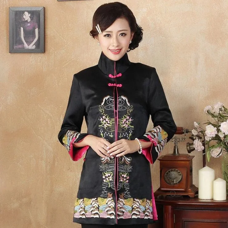 Stand Collar Floral Embroidery Silk Blend Chinese Wind Coat Ultra-Light Down Coat
