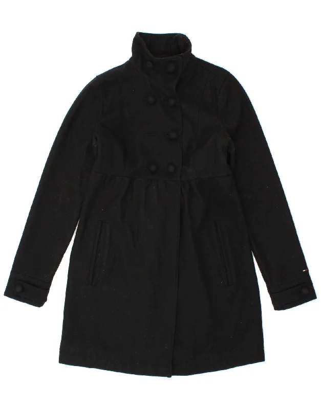 TOMMY HILFIGER Womens Double Breasted Coat UK 12 Medium Black Wool Waterproof Rain Jacket