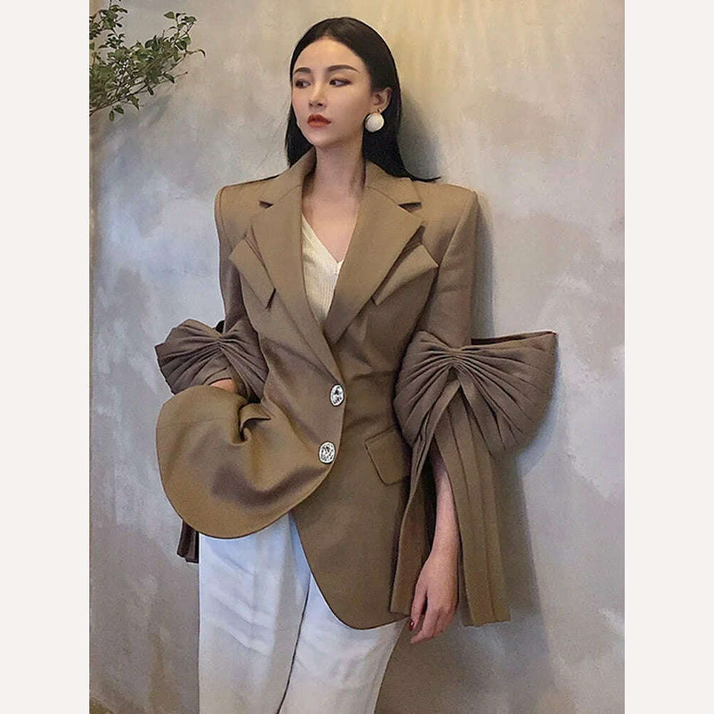VGH High Street Plain Blazers For Women Notched Long Sleeve Single Breasted Patchwork Folds Coats Female 2022 Spring Clothes New Women's High-End Blazer