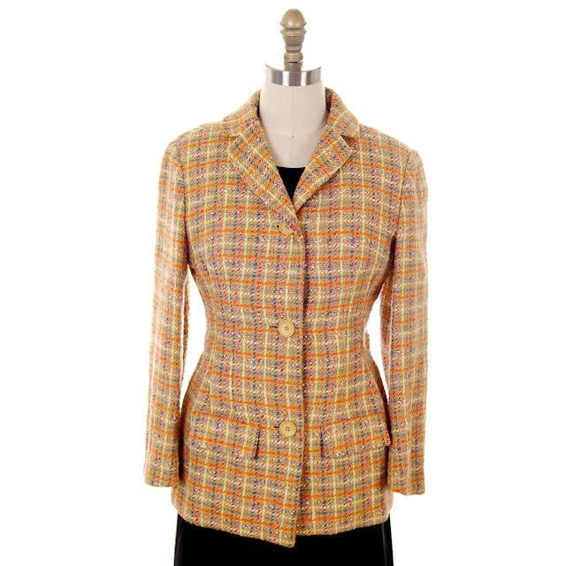 Vintage Ladies Blazer Aquascutum Wool Tweed Green/Purple & Orange 1970s Women's Warm Suit
