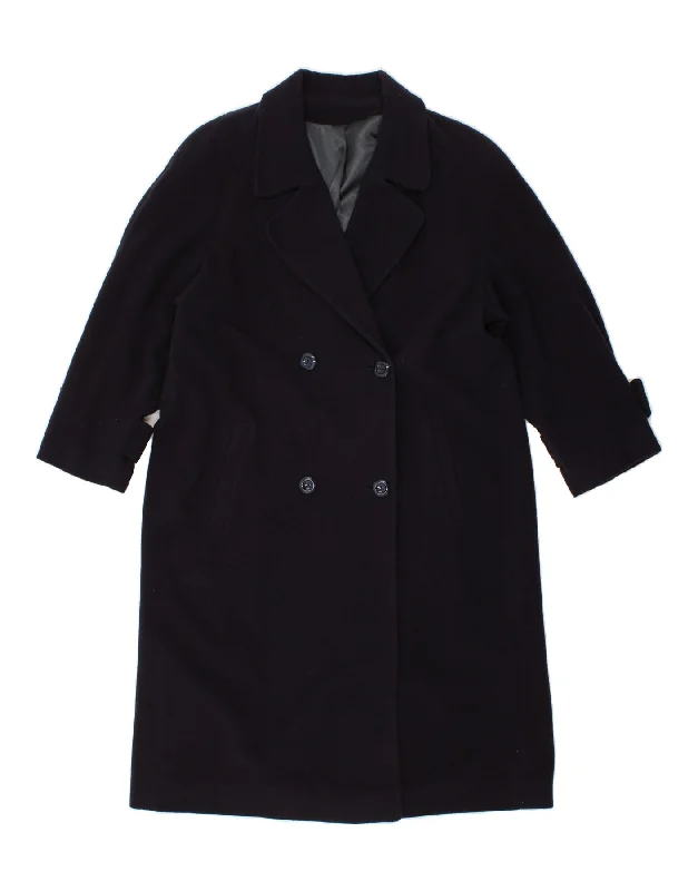 VINTAGE Womens Double Breasted Coat UK 12 Medium Navy Blue Wool Sleek Leather Jacket