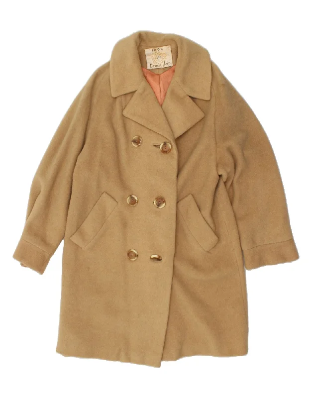 VINTAGE Womens Double Breasted Coat UK 14 Large Brown Camelhair Draped Collar Cardigan