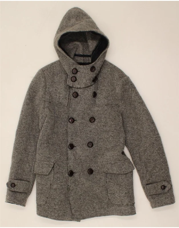 VINTAGE Womens Hooded Double Breasted Coat IT 50 XL Grey Wool Fur-Trimmed Winter Coat