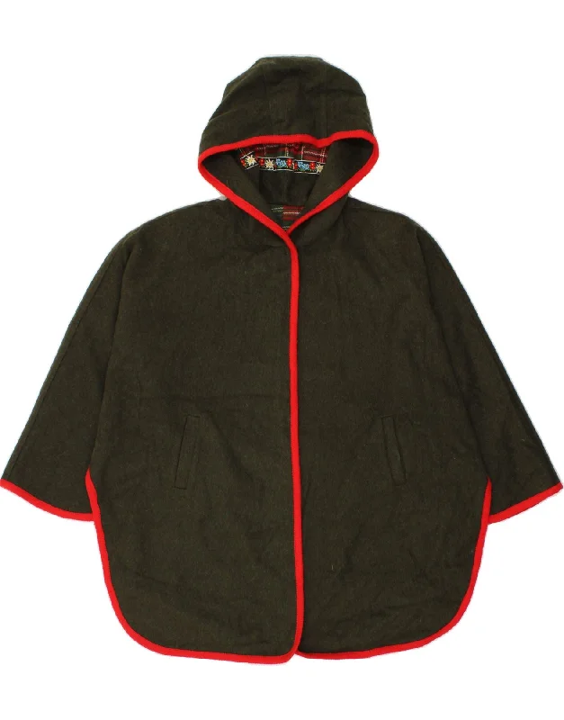 VINTAGE Womens Hooded Poncho Coat EU 42 Large Khaki Wool Fitted Tailored Blazer