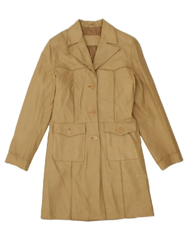 VINTAGE Womens Leather Coat UK 12 Medium Beige Leather Plaid Checkered Coat