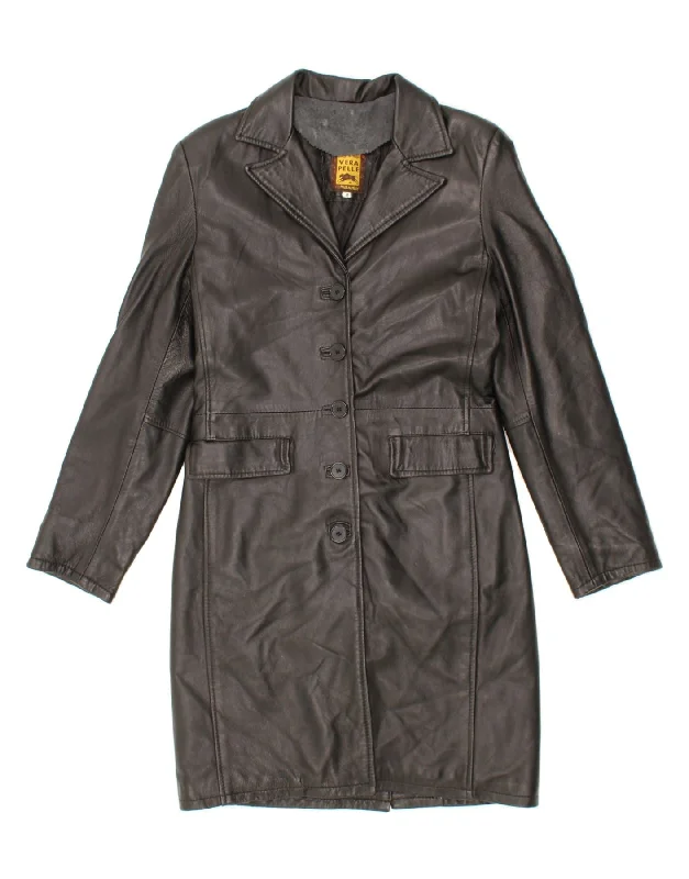 VINTAGE Womens Leather Coat UK 14 Medium Black Leather Belted Midi-Length Coat