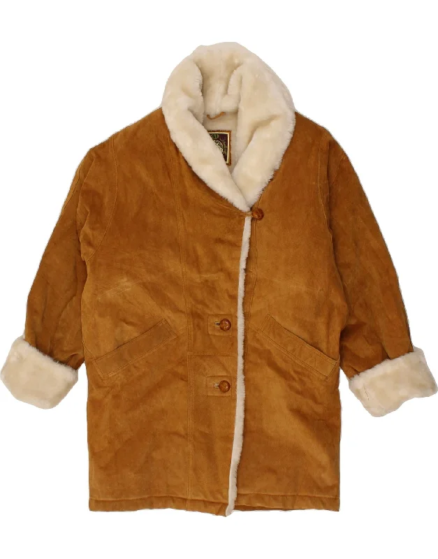 VINTAGE Womens Oversized Shearling Coat UK 10 Small Brown Leather Ultra-Light Down Coat