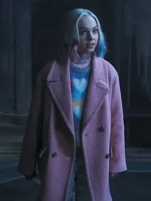 Wednesday Enid Sinclair Pink Coat Open-Knit Duster Coat