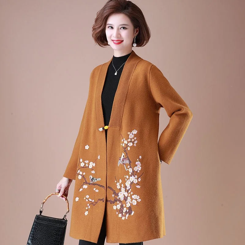 Wintersweet Embroidery Open Front Women's Oriental Wool Knit Coat Warmth-Enhanced Parka