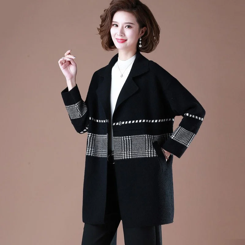 Women's Lapel Collar Plaids & Checks Wool Knit Coat Bold Color Block Coat