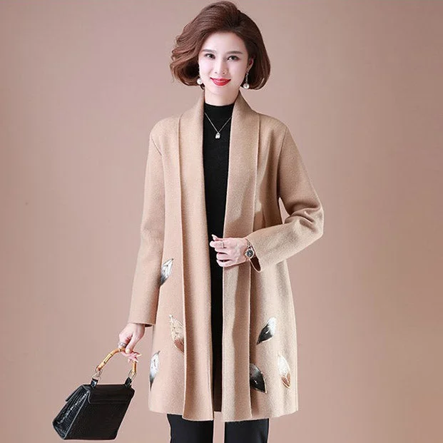 Women's Open Front Oriental Floral Wool Knit Coat Functional Travel Jacket
