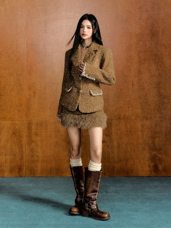 Woolen Shoulder-padded Blazer & Skirt Set Women's Fashion Blazer