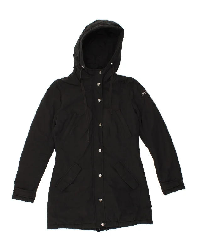 WOOLRICH Womens Penn-Rich Hooded Windbreaker Coat UK 10 Small Black Cotton Belted Wool Overcoat