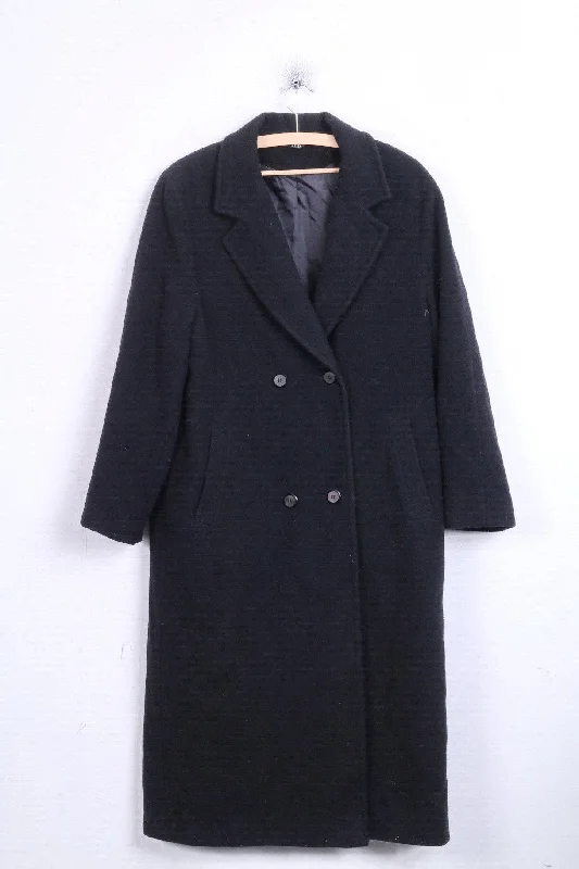 ZETA Womens 14/40 L Coat Double Breasted Wool Black Hooded Raincoat Women