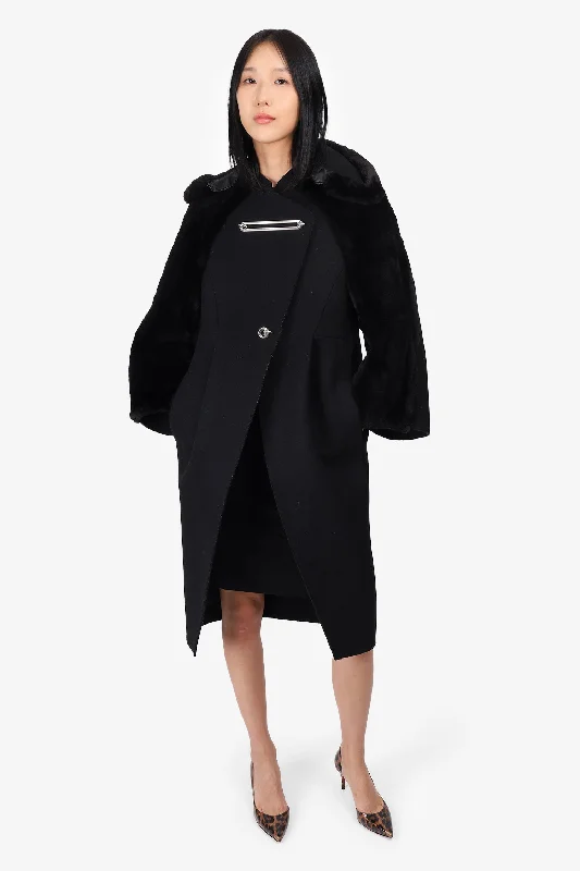 Balenciaga Black Wool/Beaver Fur Coat With Silver Hardware Size 38