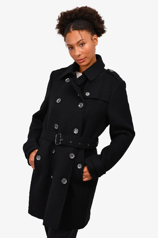 Burberry Brit Black Wool Buttoned Belted Midi Coat Size 14