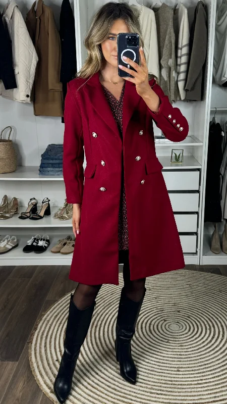 Camilla Burgundy Collared Gold Button Detail Coat