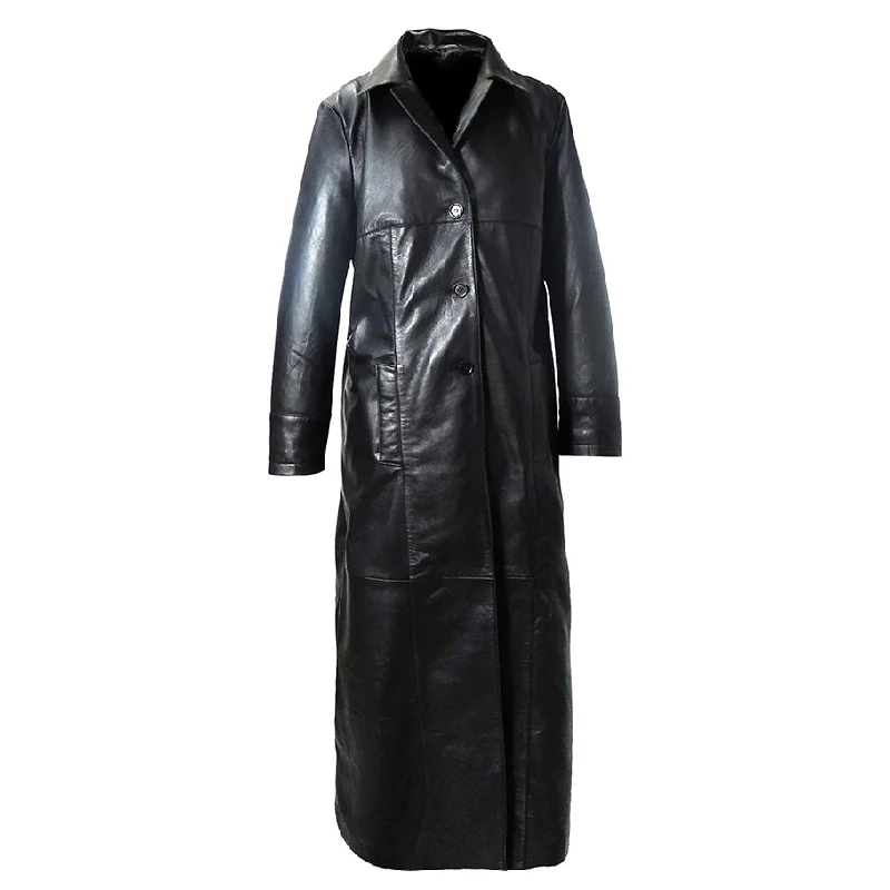 QR Matrix Womens Black Full Long Leather Coat with 3 Buttons