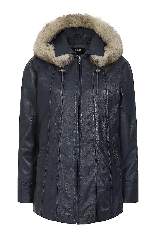 Women's Quality Navy 'Sky' Blue Leather Hip Length Coat with Fur Trimmed Detachable Hood - 'CARLA'