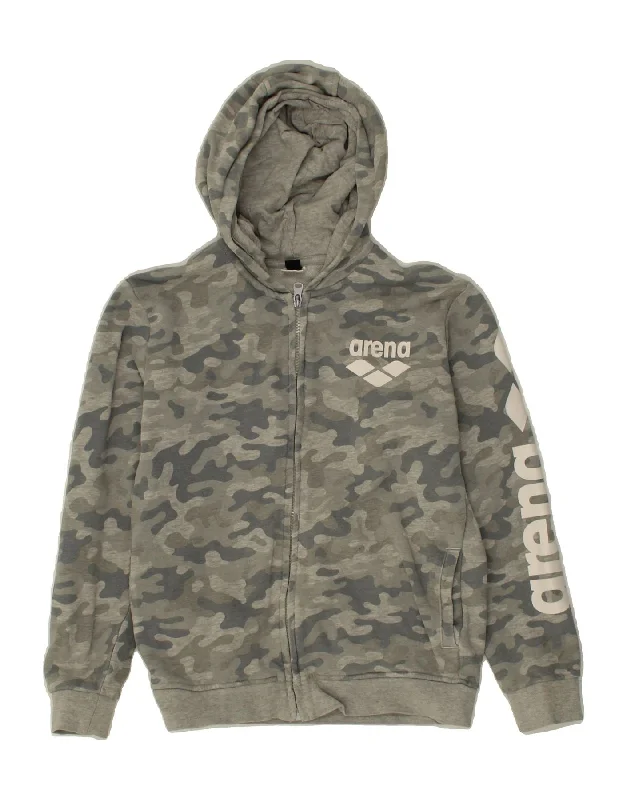 ARENA Boys Graphic Zip Hoodie Sweater 9-10 Years Grey Camouflage Cotton