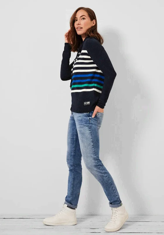 Cecil Striped Pattern Drawstring Pullover Sweatshirt, Deep Blue