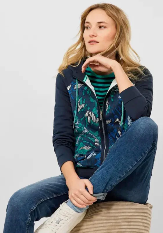 Cecil Print Torso Zipped Hoodie, Deep Blue