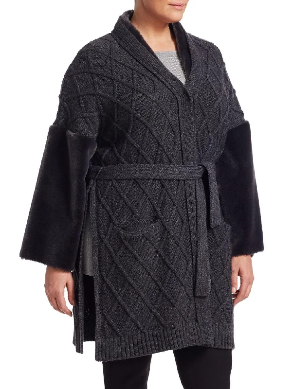 MARINA RINALDI Women's Grey Miceneo Faux Fur Cardigan $1550 NWT Transparent Opaque Sheer