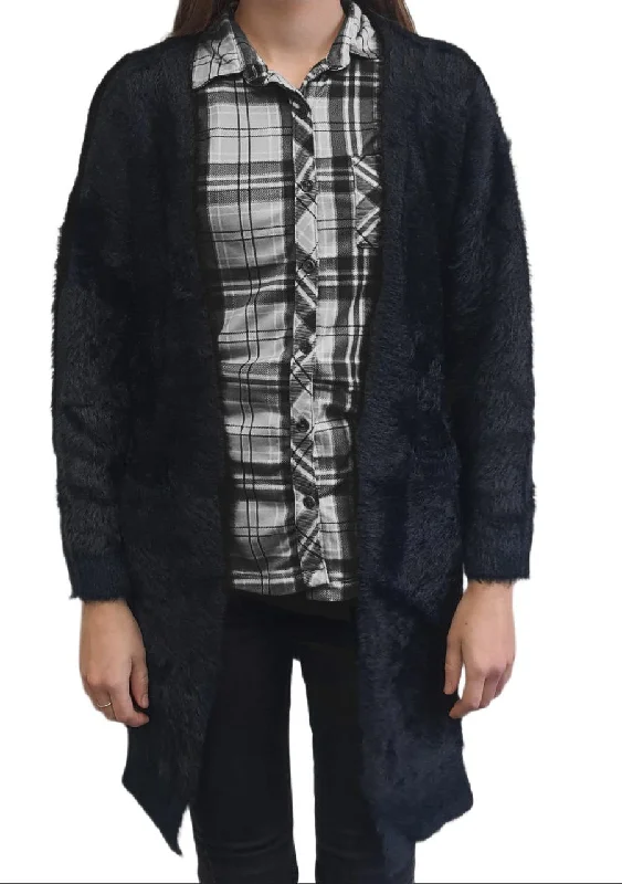 MELLODAY Women's Black Warm Long Sleeve Fluffy Cardigan #171438 NWT Satin Blend Silk Blend Wool Blend MELLODAY Women's Black Warm Long Sleeve Fluffy Cardigan #171438 NWT Satin Blend Silk Blend Wool Blend