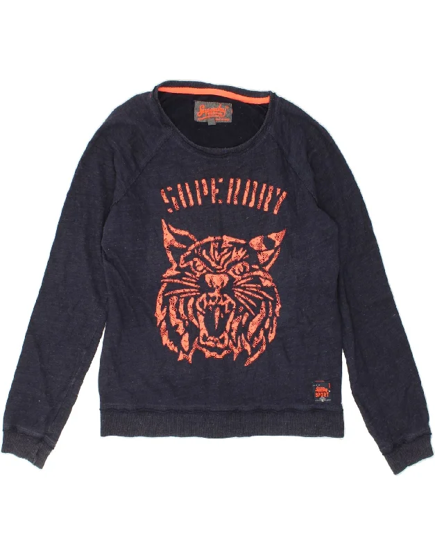 SUPERDRY Womens Graphic Sweatshirt Jumper UK 16 Large Navy Blue Flecked