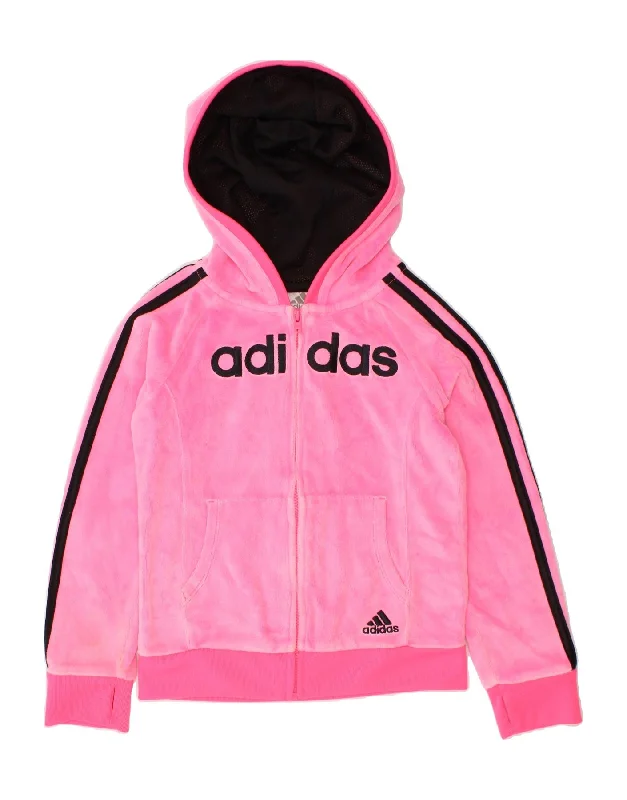 ADIDAS Girls Graphic Velour Zip Hoodie Sweater 3-4 Years Pink Cotton